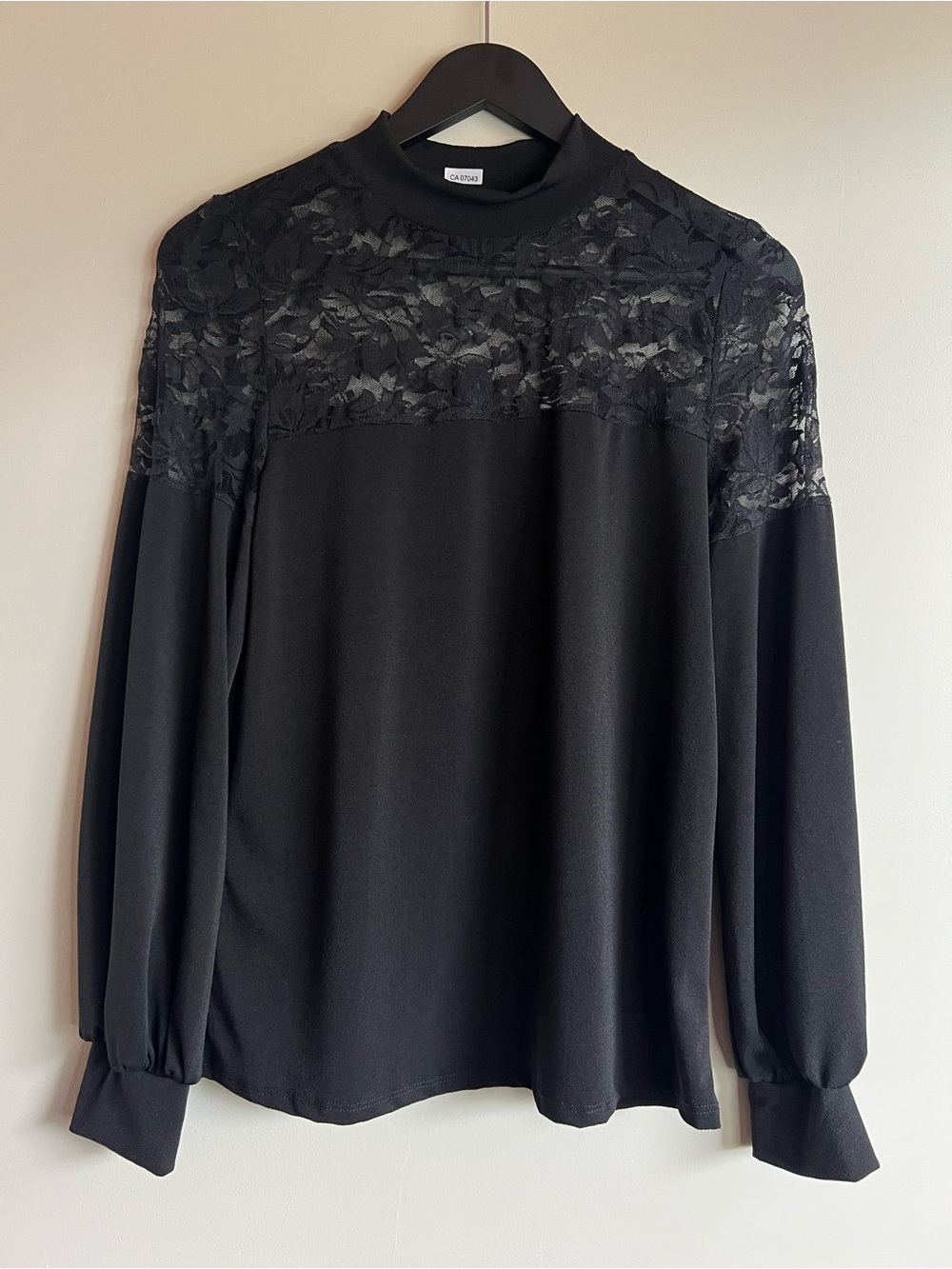 Wrapper Black Floral Lace Yoke Mock Neck Long Sleeve Blouse Sheer Career Top